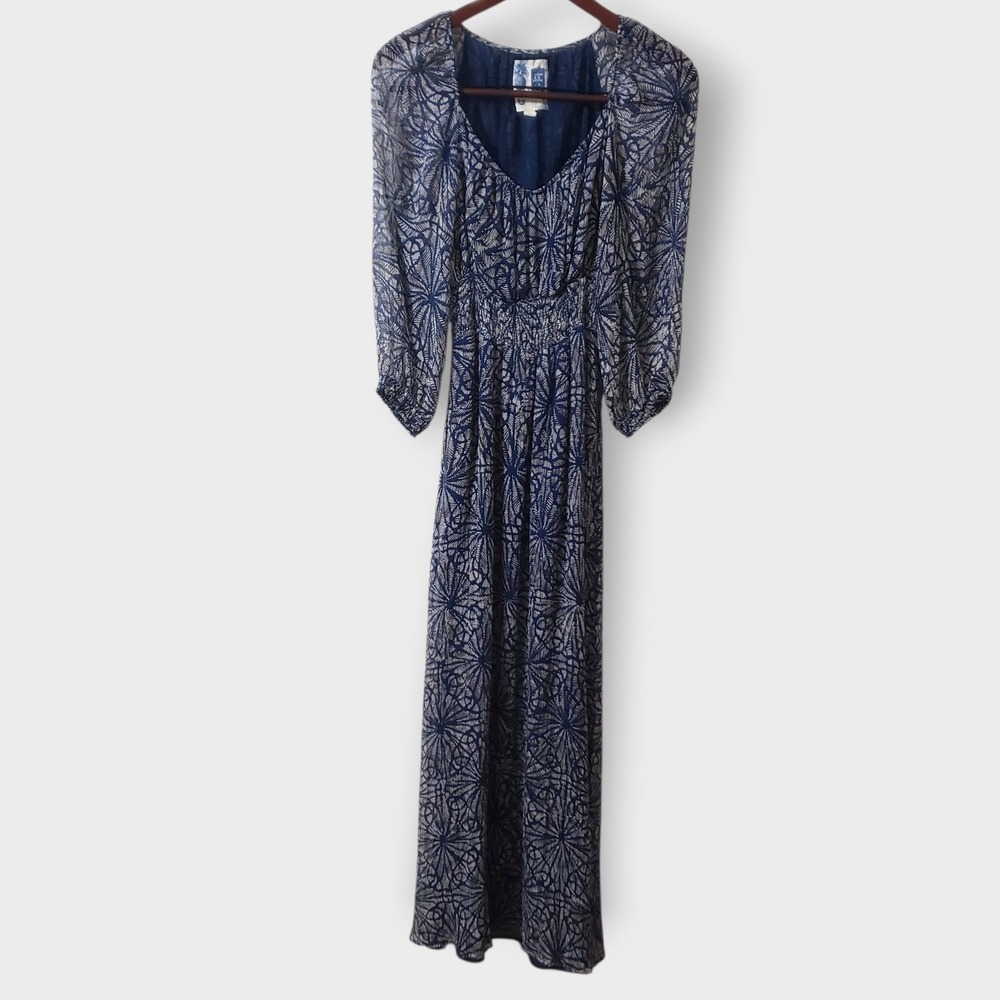 Edme & Esyllte Anthropologie Silk Chiffon Blue Floral Geo Maxi Dress Size 6 Long